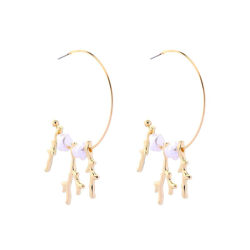 Coral Pearl Hoop Gold Earrings